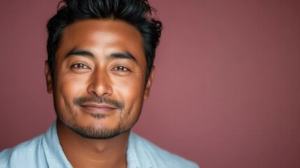 Obraz premium Portrait of a young asian male against maroon background with confident expression.