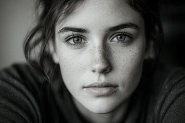 Fototapeta premium Young caucasian female with freckles staring intently in monochrome portrait.