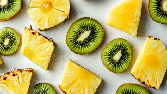 Fresh slices of kiwi and pineapple arranged in a colorful pattern on a bright background