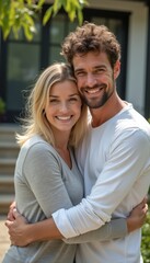 Obraz premium A happy couple, a blonde woman and a dark-haired man, share a warm embrace in a vibrant garden setting. Their genuine smiles radiate love and joy, capturing a moment of connection and happiness in a