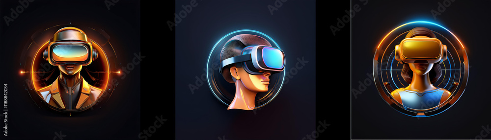 Poster three stylized avatars don virtual reality headsets, each within a glowing circular frame. a futuris