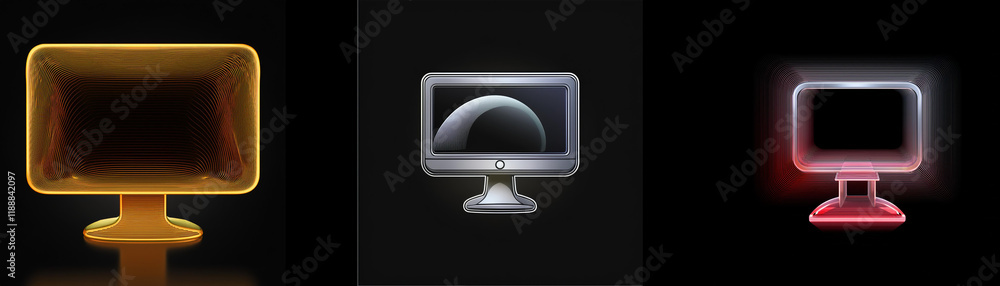 Poster three glowing computer monitor icons; gold, silver, and red. each displays a different visual style.