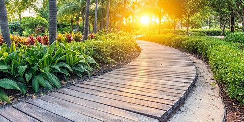 Serene Sunset Walkway Tropical Garden Path Wooden Boardwalk Lush Greenery