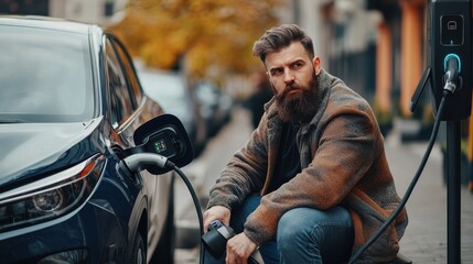 Naklejka premium Hansome bearded guy sitting near his new modern electric car and holding plug of the charger, while car is charging at the charging station