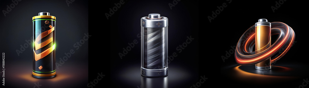 Poster three cylindrical batteries are shown, each with a unique design and color scheme, set against a dar