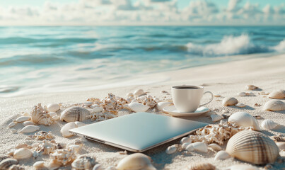 Beachfront work retreat embracing the digital nomad lifestyle in a serene coastal environment with a laptop and coffee