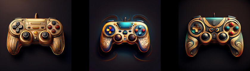 Three stylized golden game controllers, each with unique design, displayed against a dark background.  A nostalgic and elegant aesthetic.