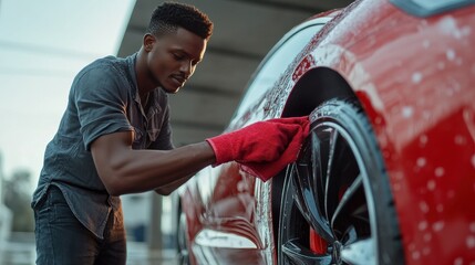 Car wash service outdoors. Car wash self-service concept. Handsome African guy wiping wheel of his modern luxury electric car with red cloth during the washing process outdoors