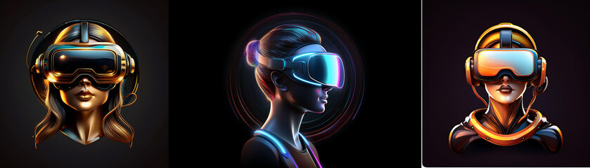 Fototapeta premium Three stylized portraits of women immersed in virtual reality, showcasing futuristic headgear and glowing effects. The artwork explores themes of technology and the metaverse.