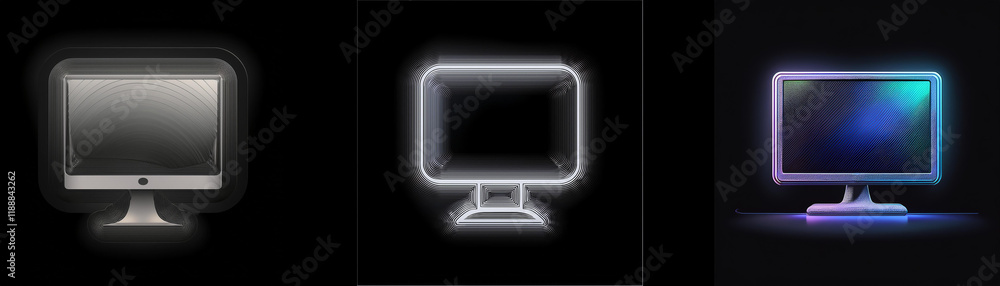 Poster three glowing computer monitor icons against a black background. a realistic, outlined, and colorful