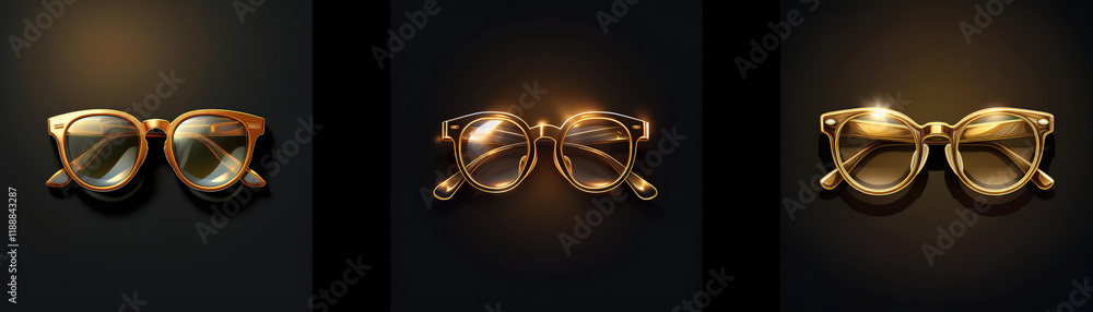 Aufkleber three golden eyeglasses on a dark background. each pair showcases a unique design, illuminated with 