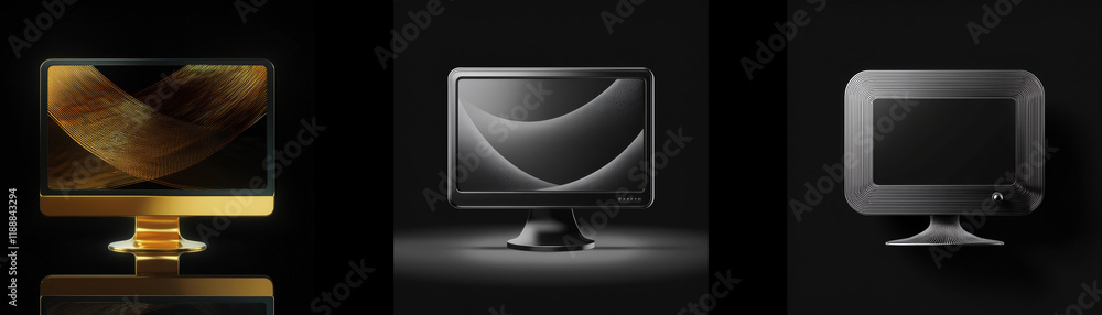 Poster three computer monitors displayed in dark settings; one gold, one grayscale, and one dark gray. each