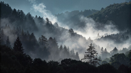 Misty forest with silhouetted trees at dawn