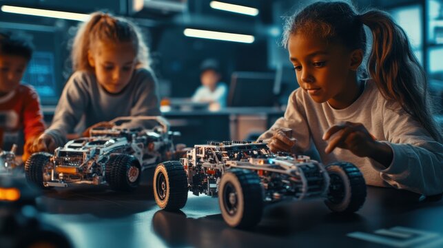 Diverse school children students build robotic cars using computers and coding. Happy multiethnic kids learning programming robot vehicles sitting at table at STEM education science engineering class