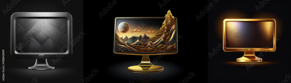 Poster three computer monitors, silver, gold, and one displaying a fantasy landscape. the displays showcase