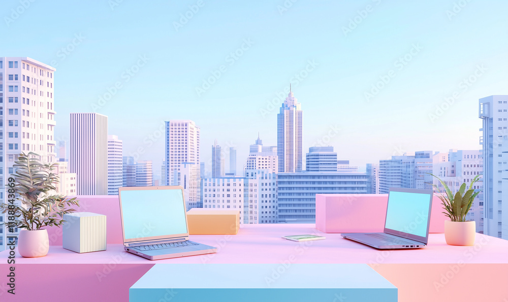 Poster digital nomad workspace urban skyline desktop setup modern environment aerial view remote work conce