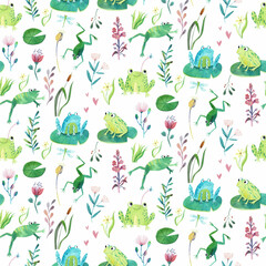 Seamless pattern. Cute frogs and dragonflies. Pattern on white background for children's products