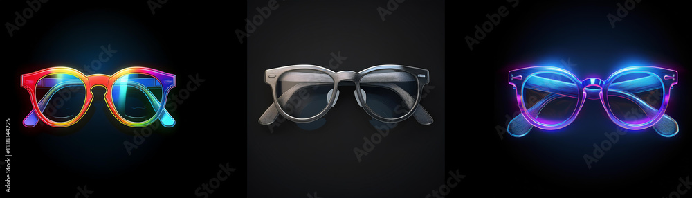 Aufkleber three pairs of stylish eyeglasses in vibrant colors are showcased against a dark background, creatin