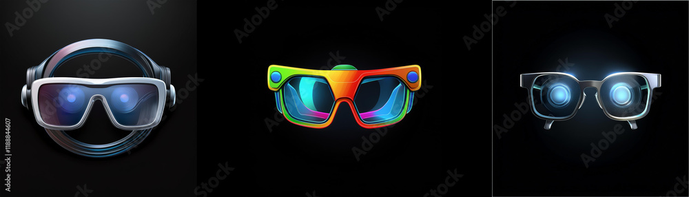 Poster three futuristic eyewear designs displayed against a dark background. each showcases unique lens sty