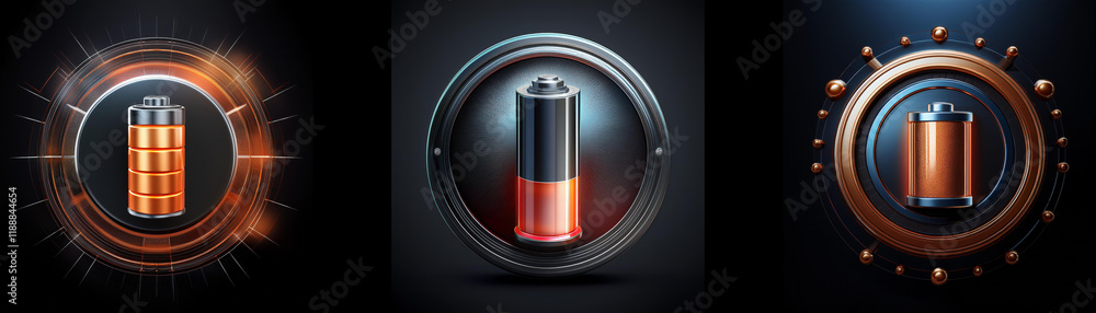 Poster Three stylized battery icons, showcasing different charge levels within metallic circular frames.  Energy levels are visually represented with glowing effects.