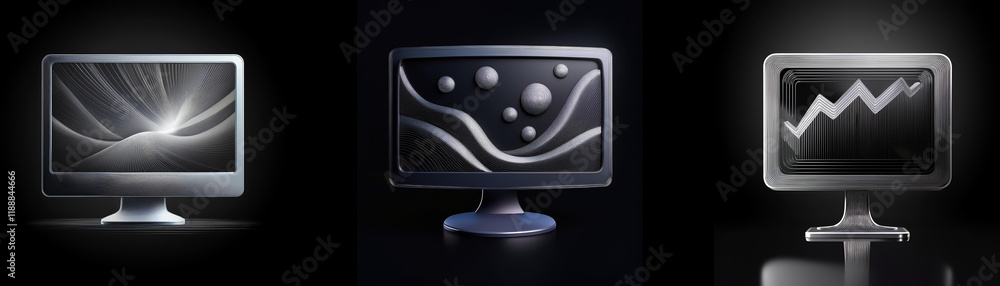 Leinwandbilder three sleek computer monitors display abstract imagery: radiant light, flowing curves, and an upward