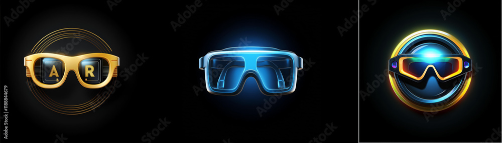 Aufkleber three futuristic eyewear designs, each with unique glowing accents and frames, showcasing augmented 