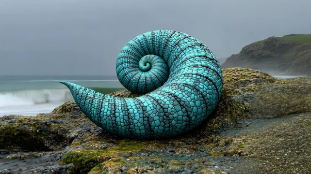 Unique spiral shell on rocky coastline near ocean during overcast weather