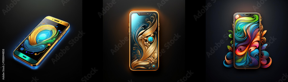 Aufkleber three smartphones showcase vibrant, abstract designs. each phone displays unique swirling patterns a