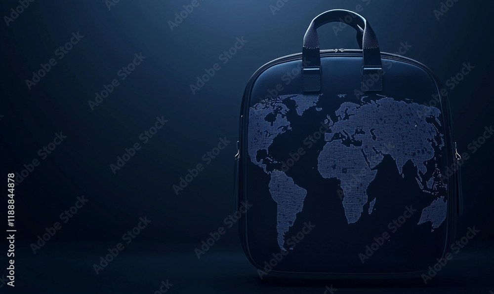 Poster exploring the digital nomad lifestyle a stylish world map backpack in a modern workspace setting