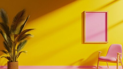 A Bright yellow wall with pink frame, plant, and pink chair create vibrant atmosphere
