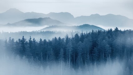 Obraz premium Misty mountain landscape, layered blue ridges, foggy forest silhouettes, ethereal atmosphere, tranquil nature scene, hazy horizon, morning mist, evergreen trees, peaceful wilderness, monochromatic col