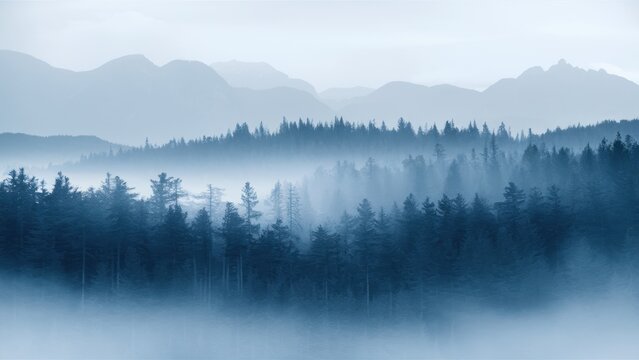 Misty mountain landscape, layered blue ridges, foggy forest silhouettes, ethereal atmosphere, tranquil nature scene, hazy horizon, morning mist, evergreen trees, peaceful wilderness, monochromatic col