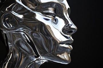 A metallic humanoid face on a black background symbolizes the remarkable advancements and ongoing evolution of artificial intelligence, technology, and innovation in todays world