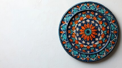Ornate hand-painted decorative plate with vibrant floral mandala design on white background.