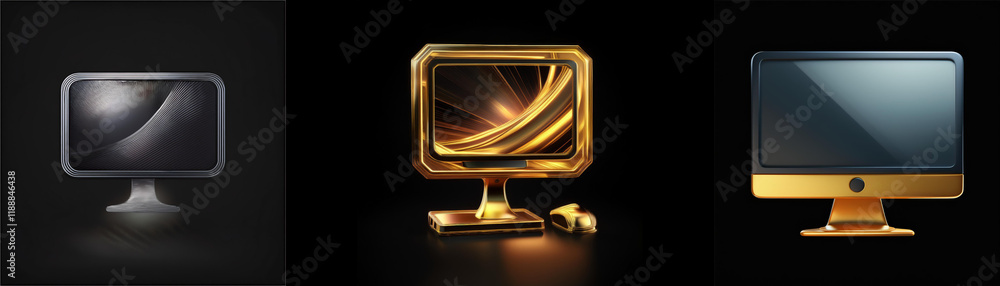 Poster three stylized computer monitor icons: silver, gold, and bronze. each displays an abstract design on
