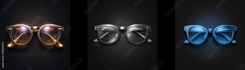 Aufkleber three stylish eyewear designs showcased against a dark background. each pair features a unique color