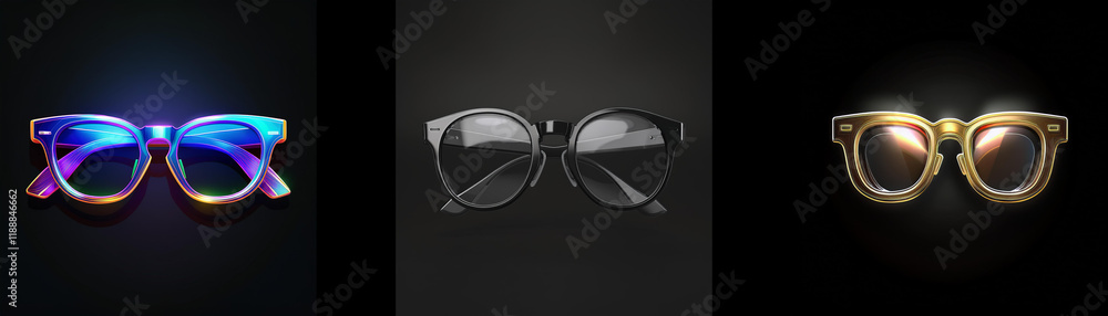Aufkleber three stylish eyewear options are showcased against a dark background, each with unique lens colors 
