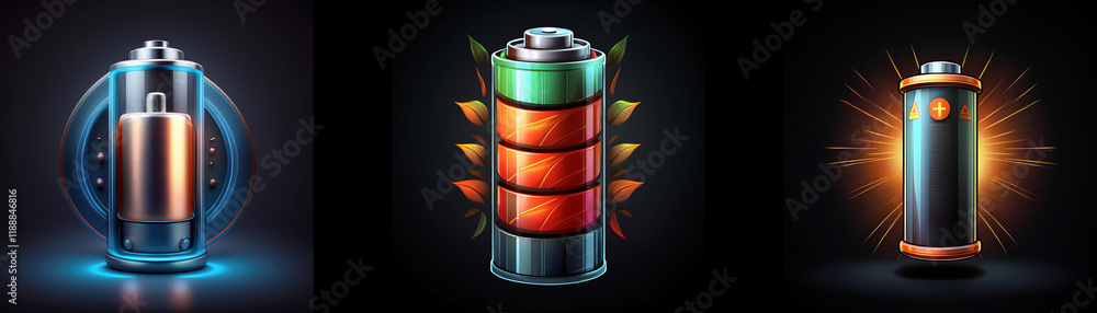 Aufkleber three battery illustrations showcase different charging levels and designs. one is cutaway, revealin