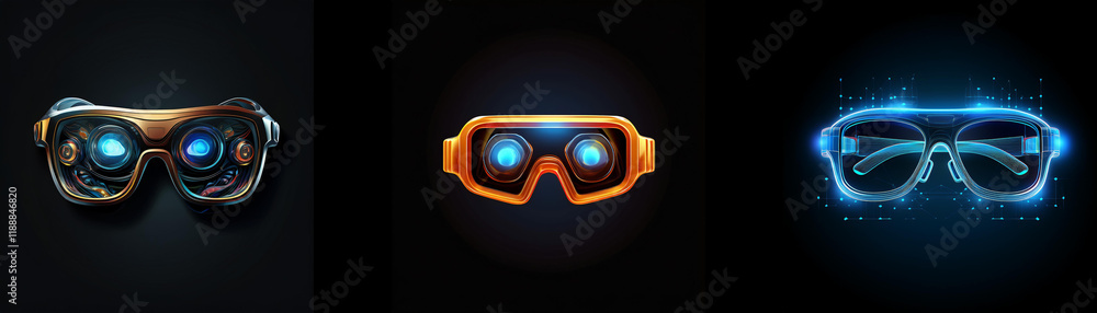 Poster three futuristic virtual reality headsets in different colors glow against a dark background. they r