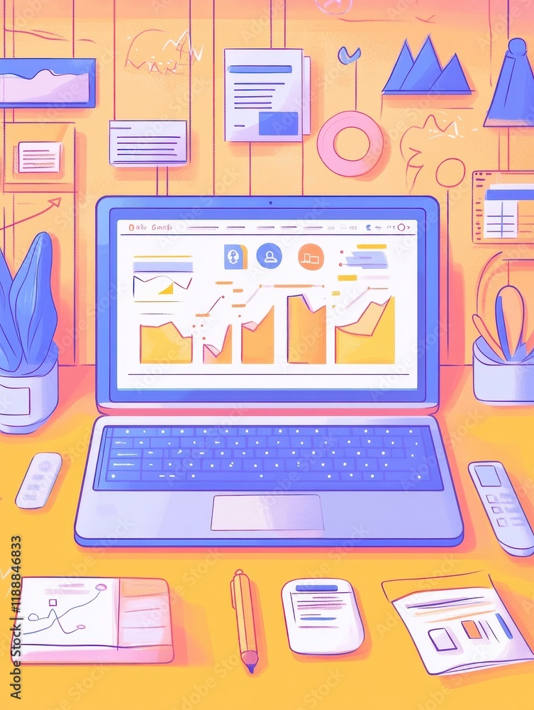 Poster flat illustration of a laptop displaying a website analytics dashboard, surrounded by icons of socia