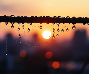 Sunrise Dewdrops Adorn Spiderweb Strands with Golden Light Reflecting, Nature's Masterpiece at Dawn