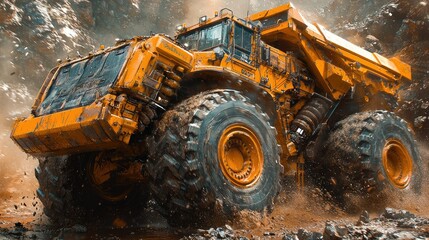 Powerful Yellow Mining Dump Truck In Action