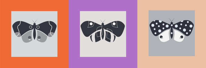 Monochrome butterflies template set. Abstract vector designs for poster, greeting card, print.
