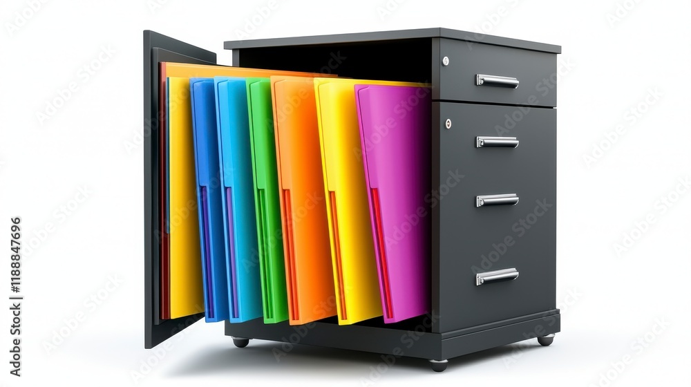 Poster a sleek black filing cabinet with colorful folders organized neatly inside, representing efficient o