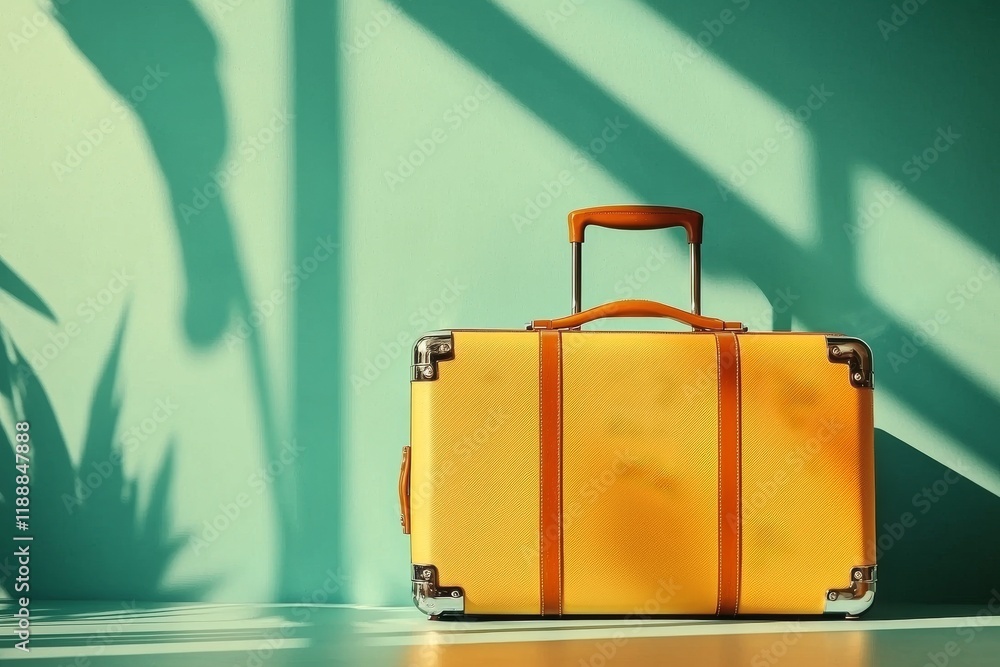 Poster bright yellow hard shell suitcase with smooth curves against a colorful background