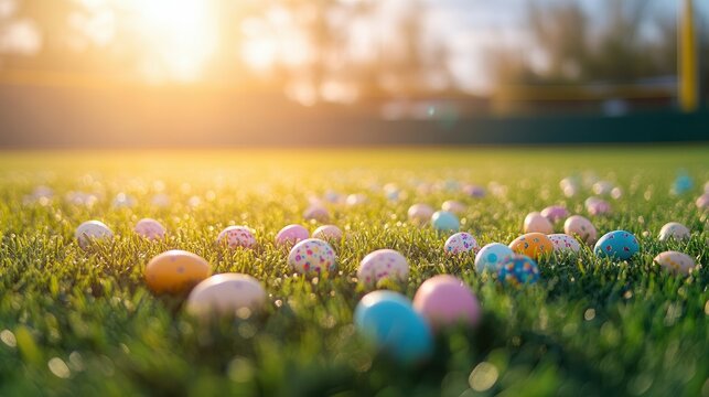 Vibrant easter eggs scattered on baseball field in soft focus at sunrise.