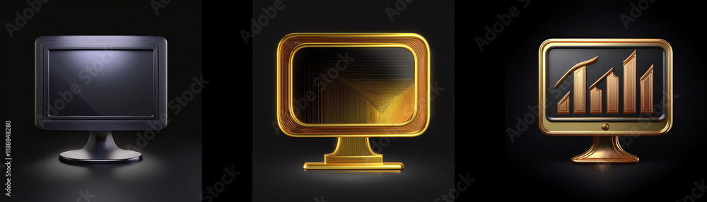Poster three stylized computer monitors; one dark gray, one gold, and one bronze displaying a bar graph. th