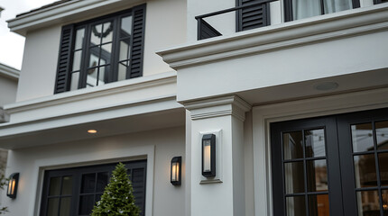 Fototapeta premium Modern House Exterior: Elegant Design and Architecture. Luxury Home with White Facade, Black Windows, and Stylish Entrance. Real Estate Photography