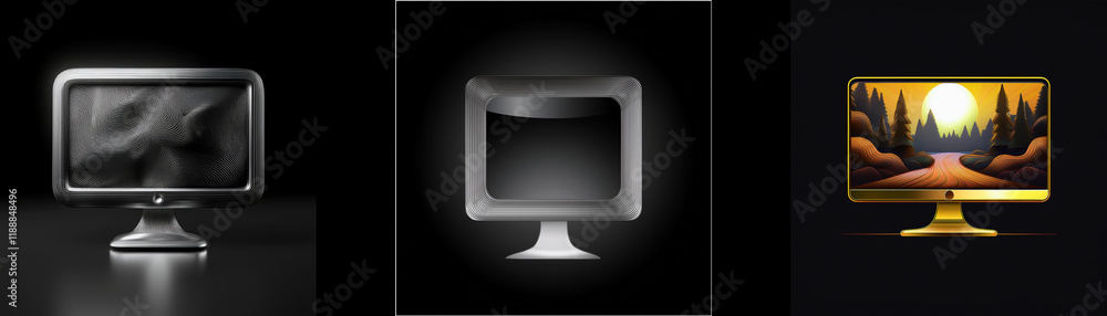Leinwandbilder Three stylized computer monitors display different scenes: abstract grayscale, a dark gray, and a golden sunset landscape.  Each monitor is unique in color and content.