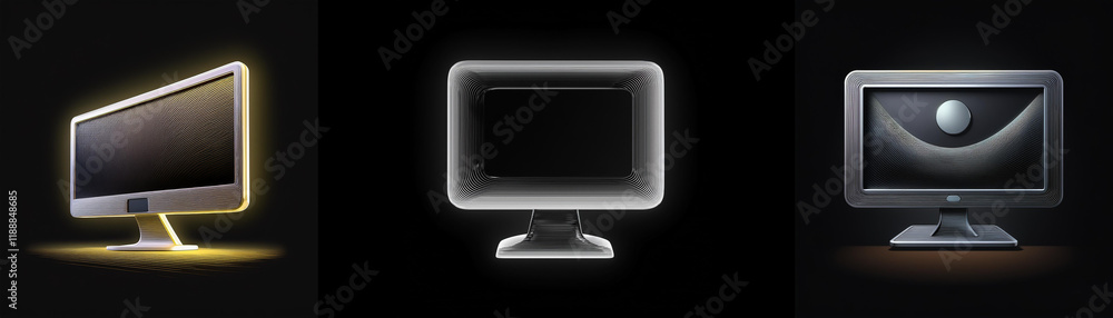 Leinwandbilder Three computer monitors shown in dark setting.  A wide-screen, a square, and a smaller screen with a crescent moon image.